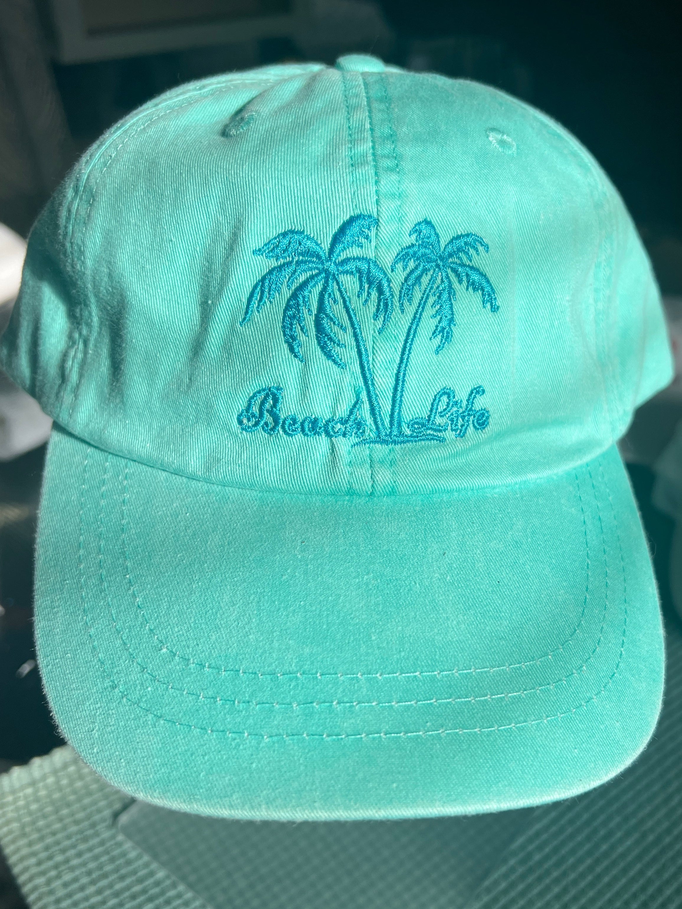 Teal ball cap with Beach Life and Palm Trees