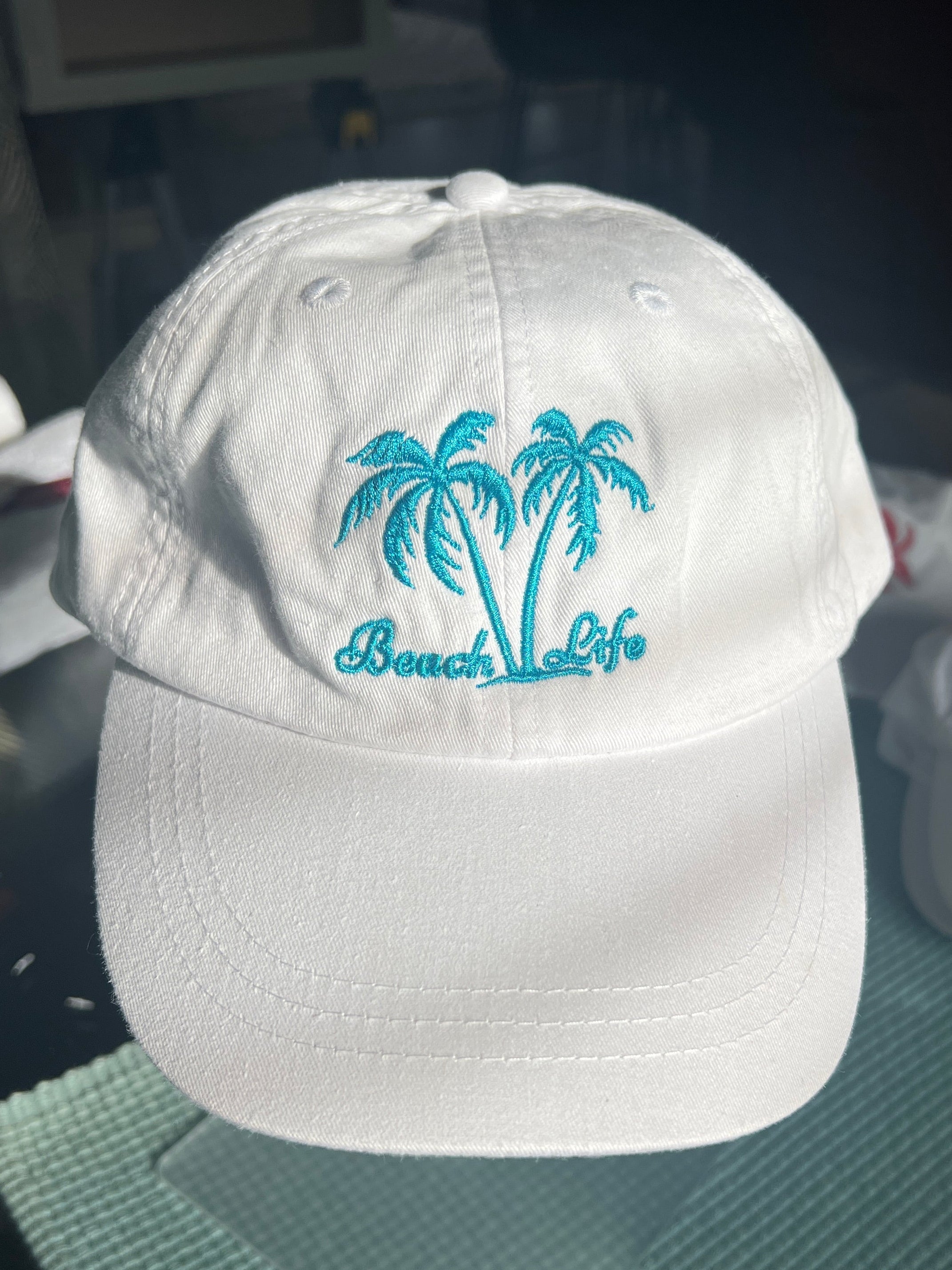 White ball cap with Beach Life and Palm Trees