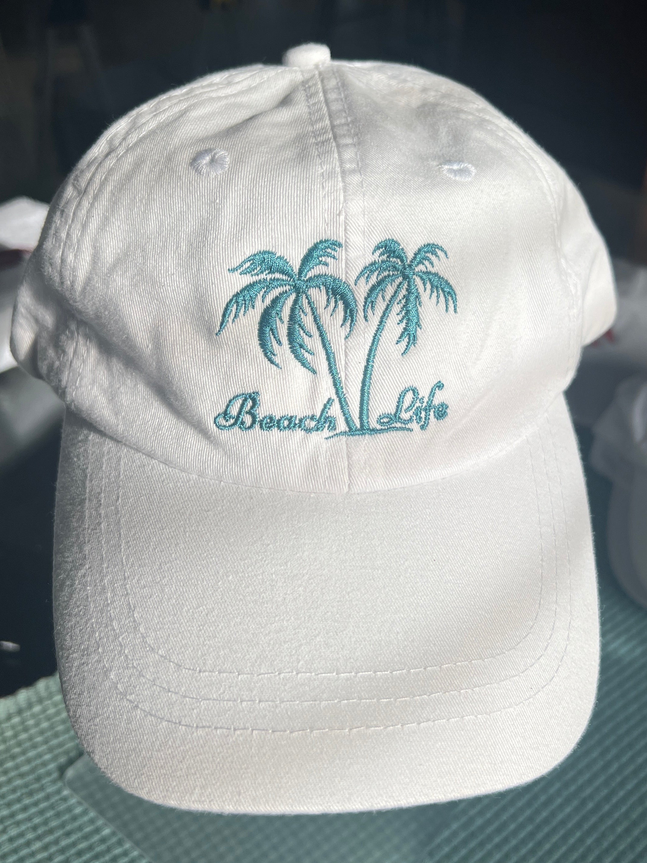 White ball cap with Beach Life and Palm Trees