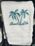 White hand towel with Beach Life and Palm Trees