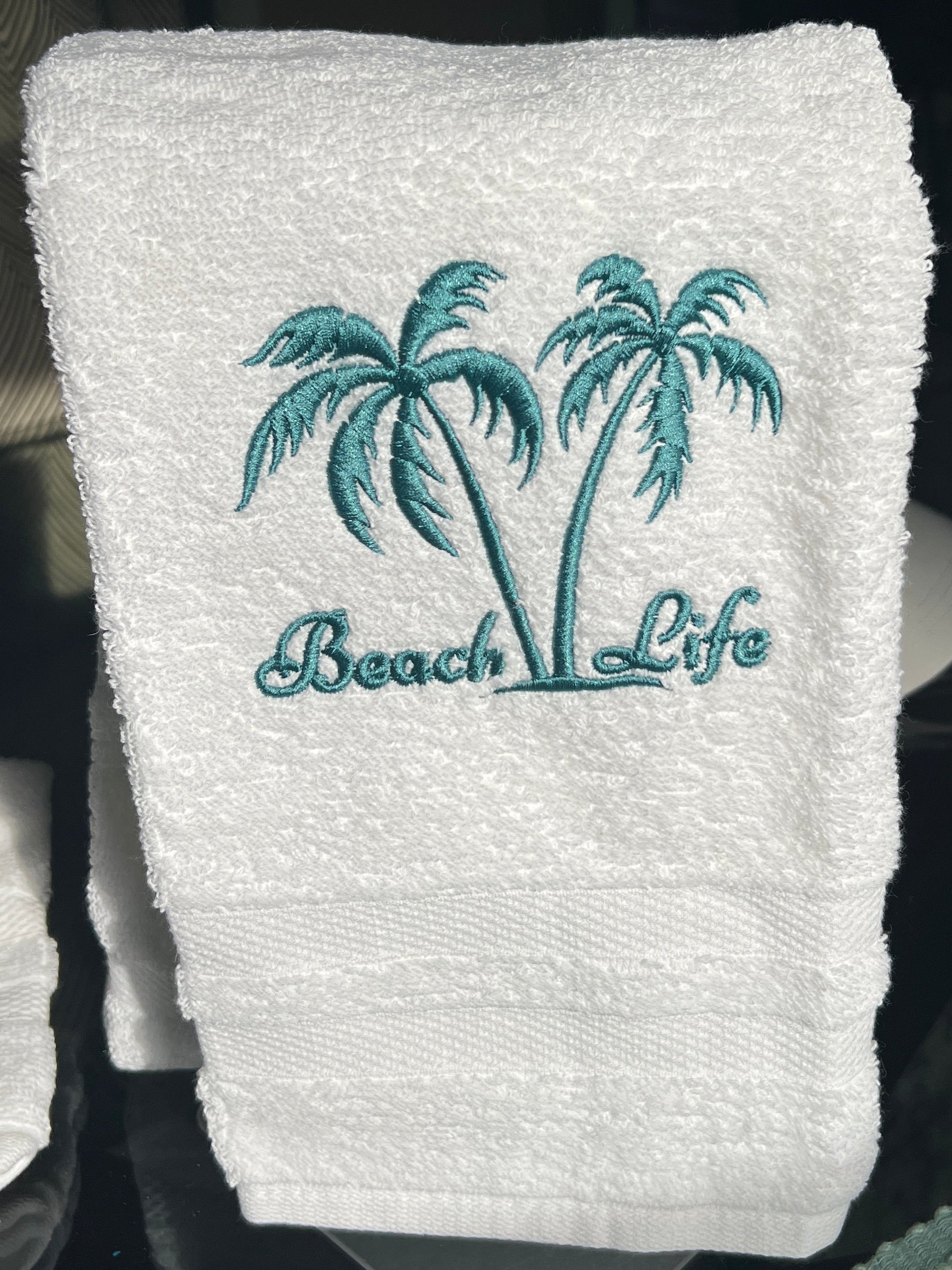 White hand towel with Beach Life and Palm Trees