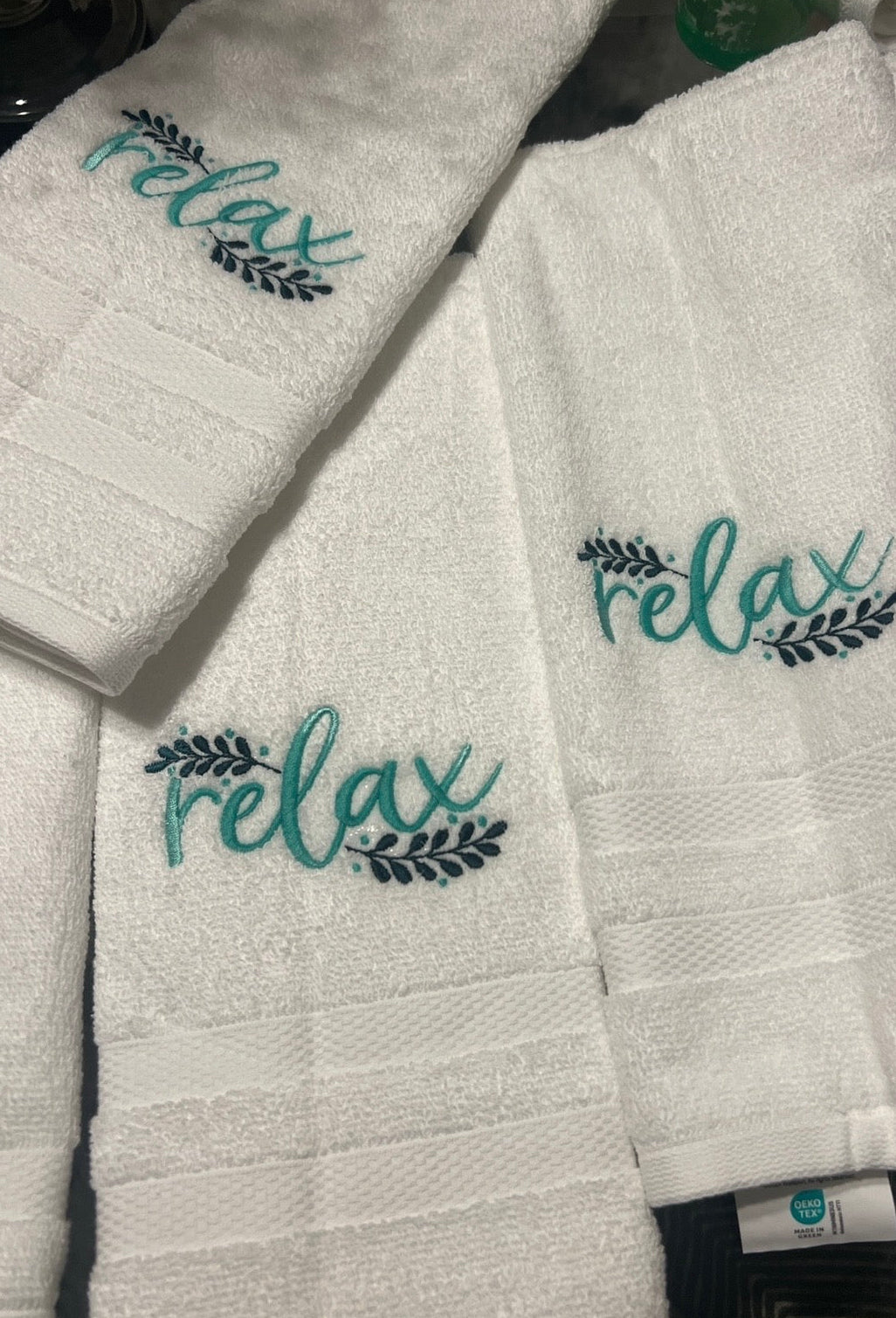 White hand towel with Relax