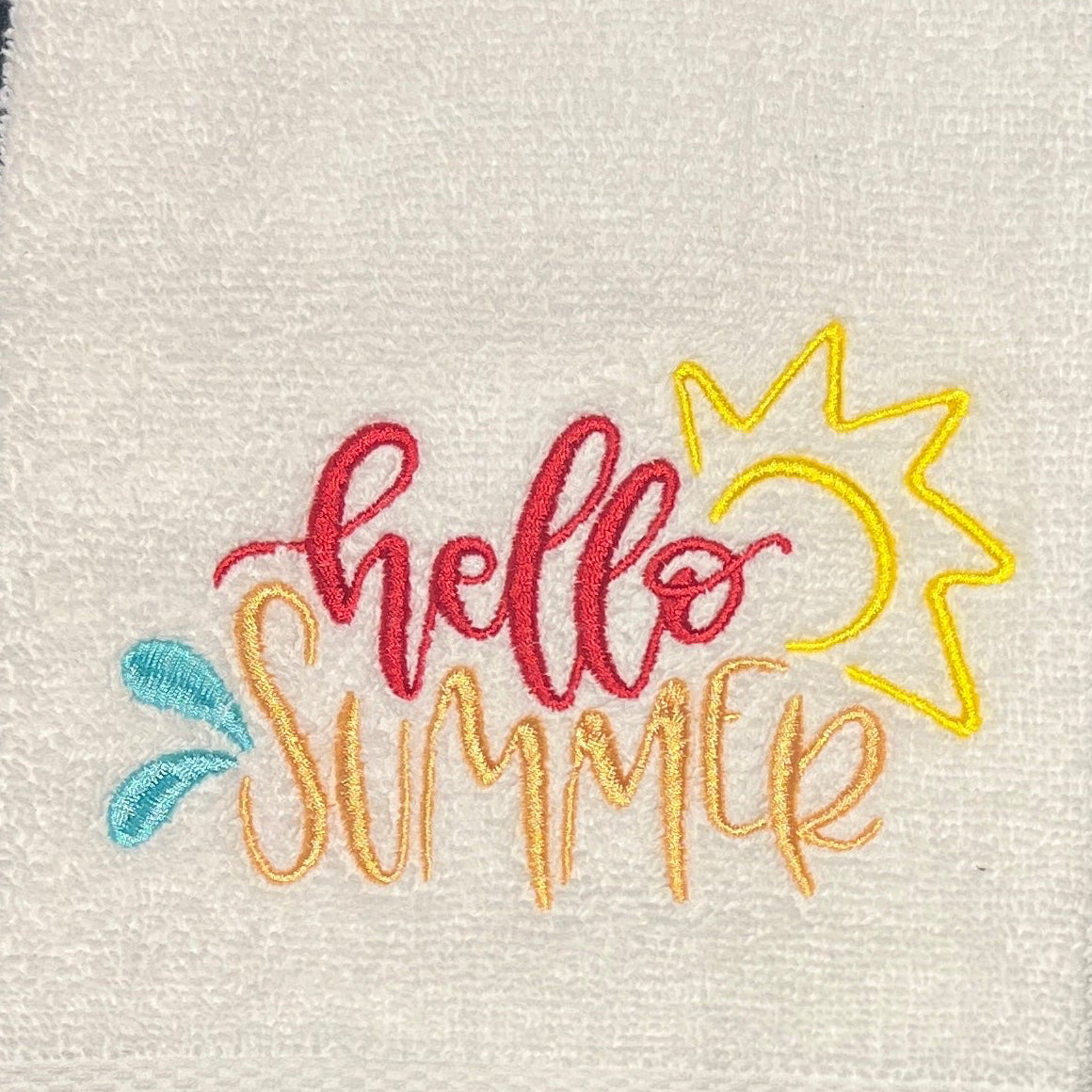 White hand towel with Hello Summer