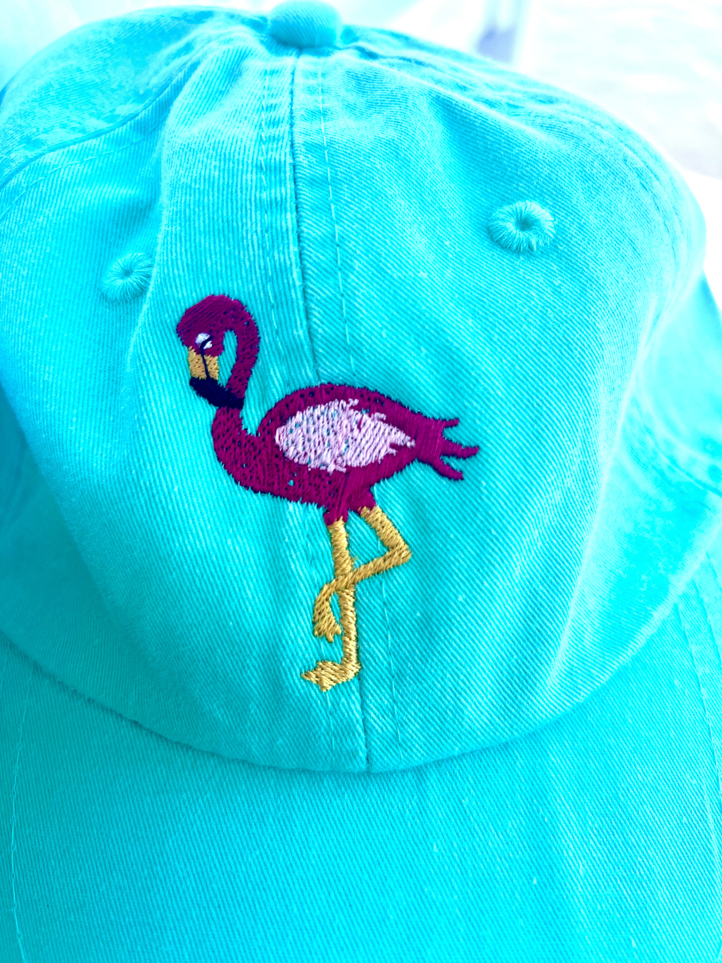 Teal ball cap with flamingo